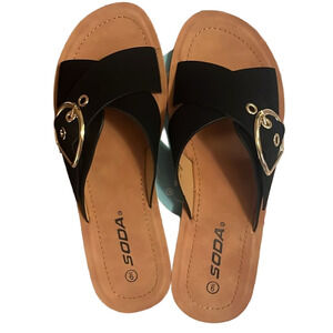 Black vegan leather adjustable buckle sandal